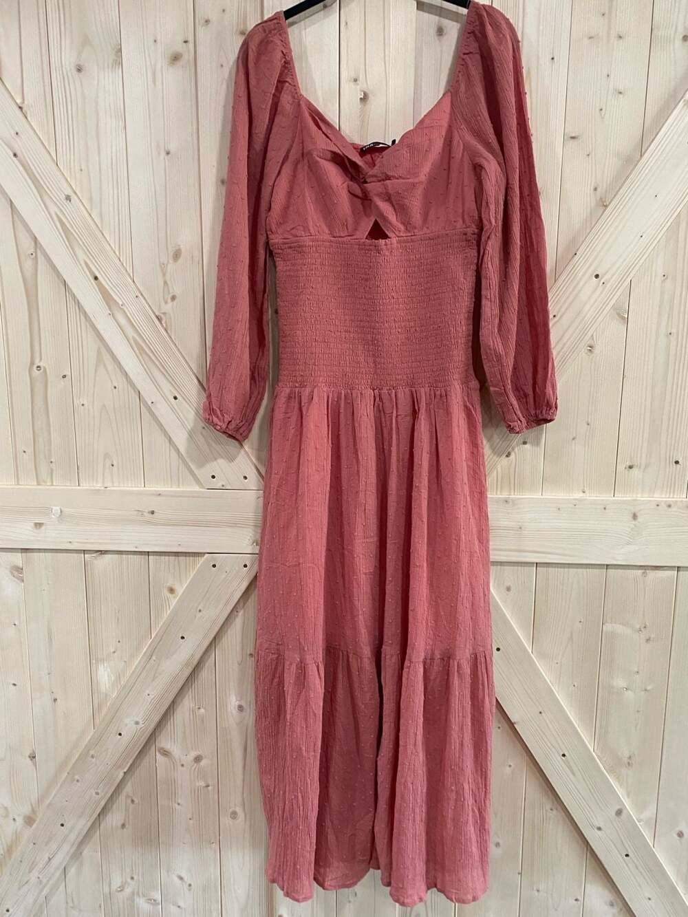 INA Long Sleeve Twist Bust Smocked Midi Dress Pink medium